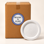 Break A Plate cardboard box with branded label and one white celebration plate